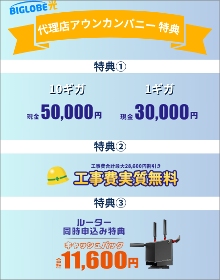 ビッグローブ光の代理店アウンカンパニー 最新特典一覧